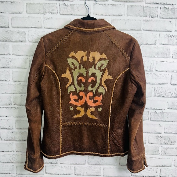 Reba Jackets & Blazers - Reba Size Small Soft Leather jacket Brown Tooled Braided Stitching Full Zip